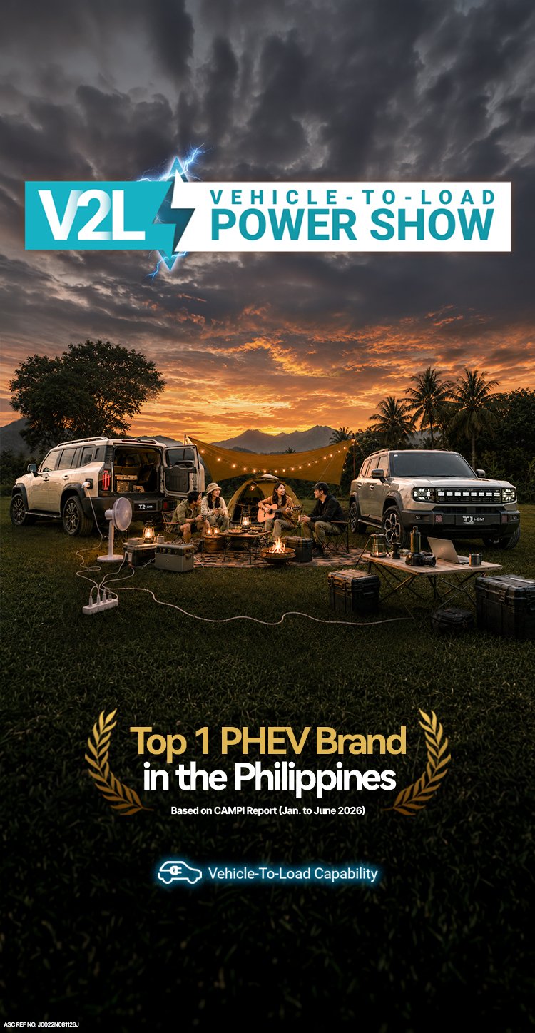 Vehicle-to-load camping setup with two SUVs and four friends at sunset.